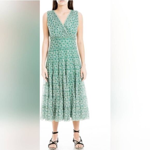 Max Studio Dress 3XL Plus Midi Tiered Sleeveless Floral Boho Green - Picture 1 of 6